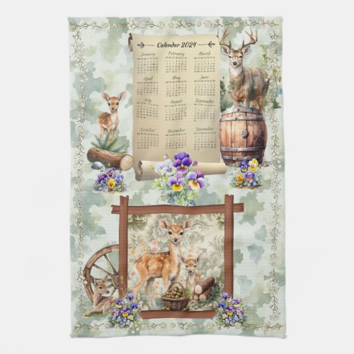 2024 Calendar Towel Deer Buck Pansies Acorns Green