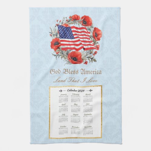 2024 Calendar Towel God Bless America Flag Poppies