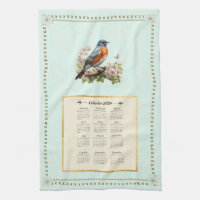 2024 Calendar Towel Robin Bird Aqua Damask