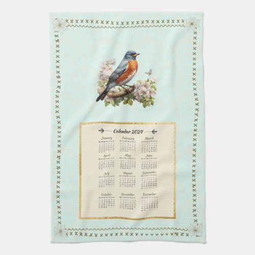 2024 Calendar Towel Robin Bird Aqua Damask