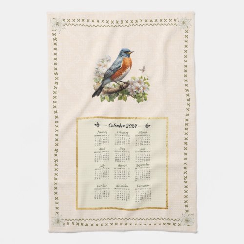 2024 Calendar Towel Robin Bird Peach Damask