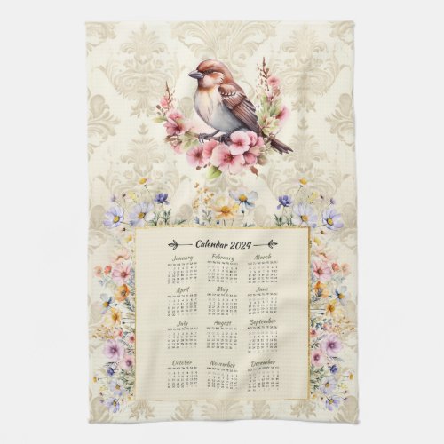 2024 Calendar Towel Sparrow with Wildflowers