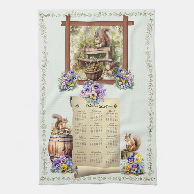 2024 Calendar Towel Squirrels Pansies Acorns Green (Vertical)