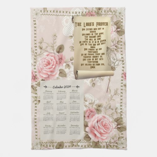 2024 Calendar Towel The Lords Prayer Pink Roses