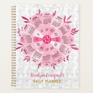 2024 Calendar Unique Boho Pink Flower Custom Name Planner