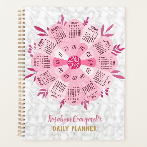 2024 Calendar Unique Boho Pink Flower Custom Name Planner