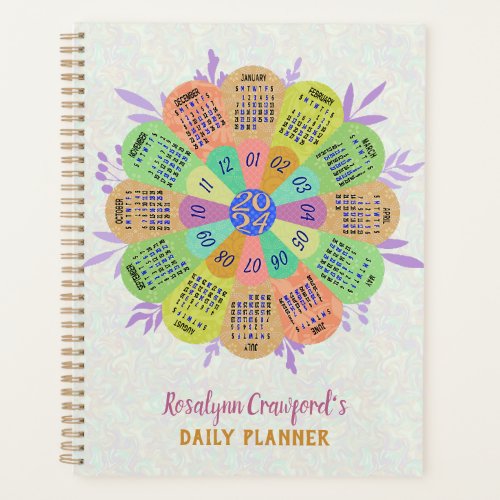 2024 Calendar Unique Boho Retro Flower Custom Name Planner