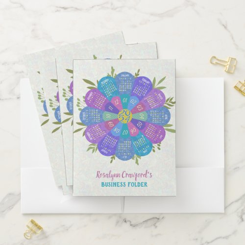 2024 Calendar Unique Boho Retro Flower Custom Name Pocket Folder