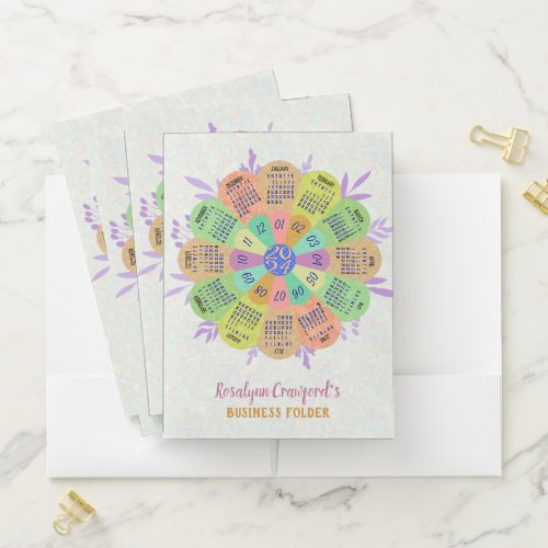 2024 Calendar Unique Boho Retro Flower Custom Name Pocket Folder