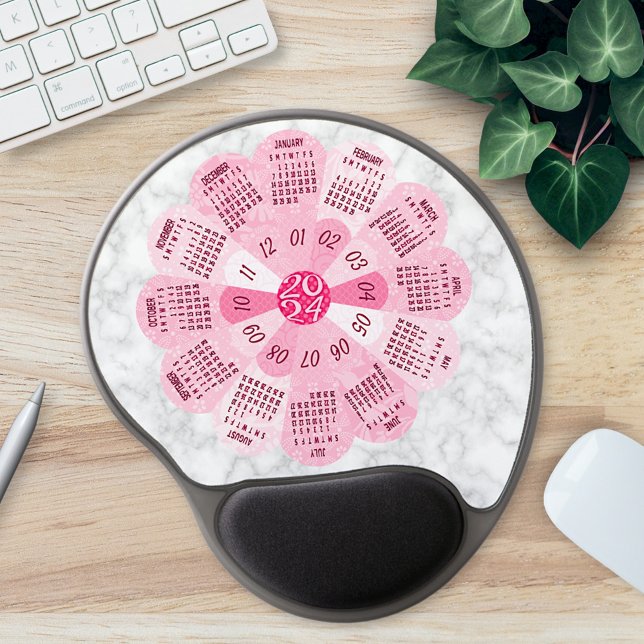 2024 Calendar Unique Round Boho Pink Flower Gel Mouse Pad (Creator Uploaded)