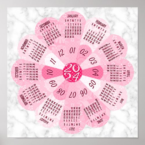 2024 Calendar Unique Round Boho Pink Flower Poster