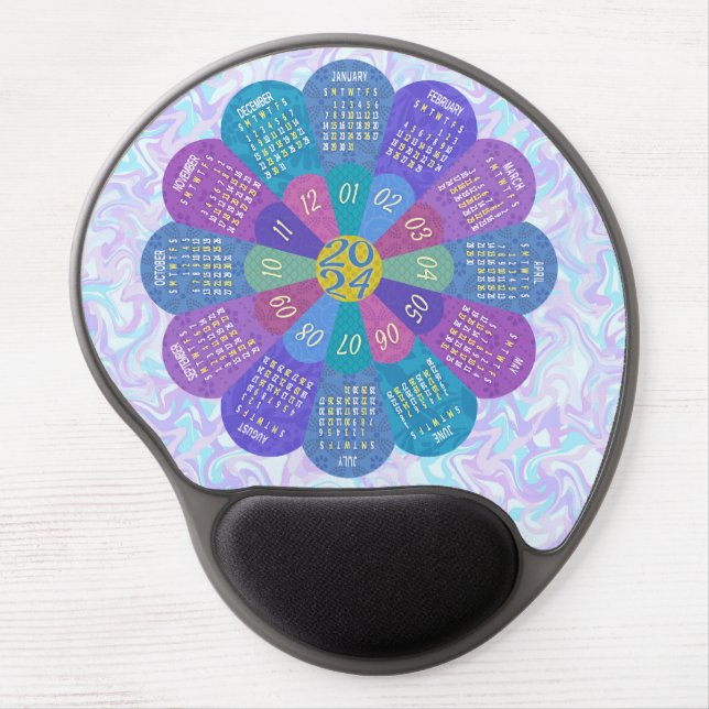2024 Calendar Unique Round Boho Purple Flower Gel Mouse Pad (Front)