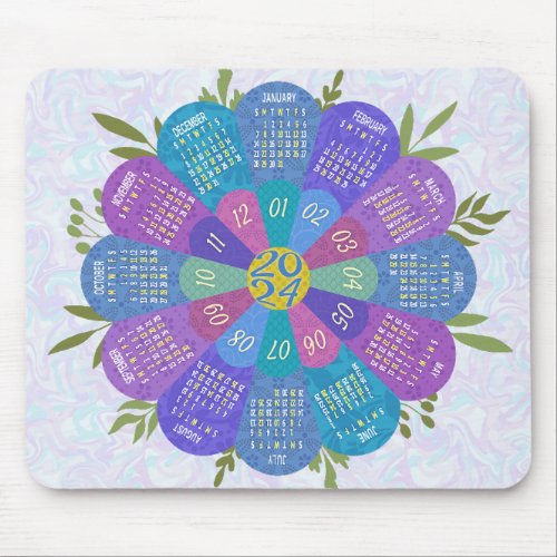 2024 Calendar Unique Round Boho Purple Flower Mouse Pad