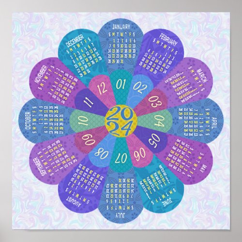 2024 Calendar Unique Round Boho Purple Flower Poster