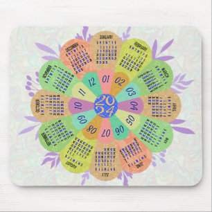 2024 Calendar Unique Round Boho Retro Flower Mouse Pad