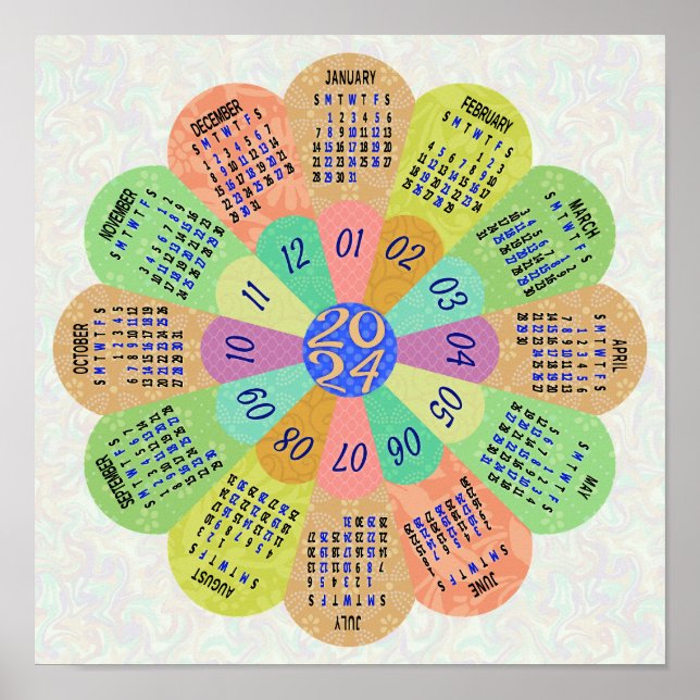 2024 Calendar Unique Round Boho Retro Flower Poster (Front)