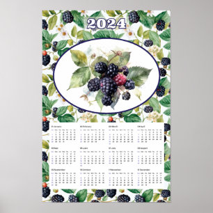 2024 Calendar Vintage Blackberries Watercolor Poster