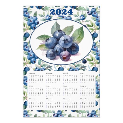 2024 Calendar Vintage Blueberries Watercolor Photo Print