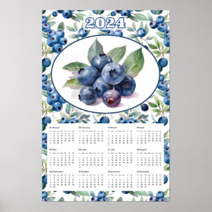 2024 Calendar Vintage Blueberries Watercolor Poster