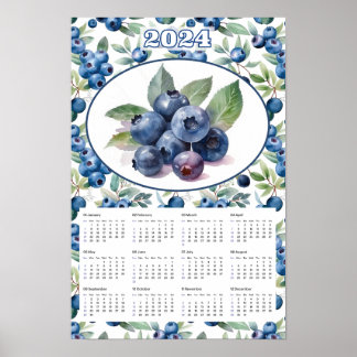 2024 Calendar Vintage Blueberries Watercolor  Poster