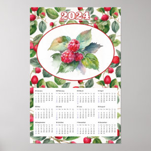 2024 Calendar Vintage Raspberries Watercolor Poster