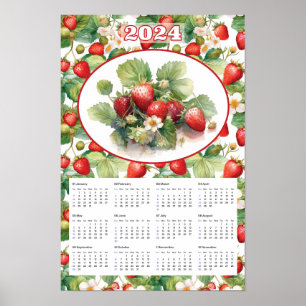 2024 Calendar Vintage Strawberries Watercolor Poster