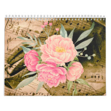 2024 Calendar, Watercolor Flower, Music Vintage