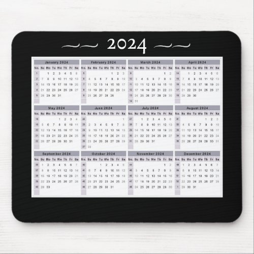 2024 Calendar Weekly Black White Large Print Mouse Pad