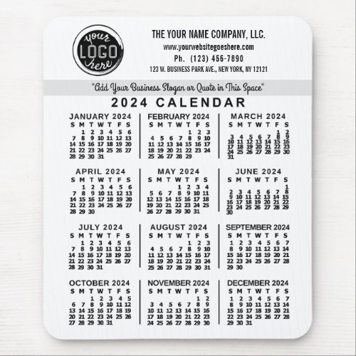 2024 Calendar White Custom Business Logo Name Easy Mouse Pad