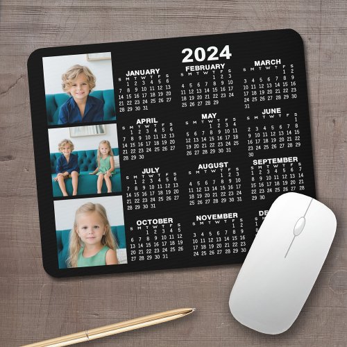 2024 Calendar with 3 Photo Collage _ black Mouse Pad