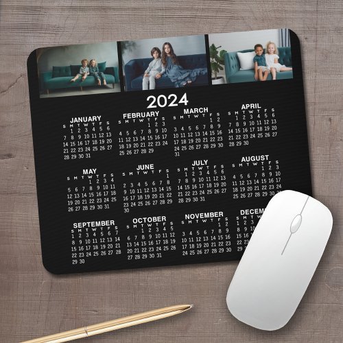 2024 Calendar with 3 Photo Collage _ black  Mouse Pad