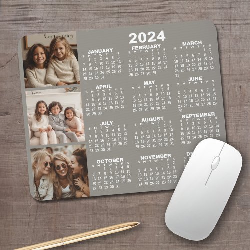 2024 Calendar with 3 Photo Collage _ taupe Mouse Pad