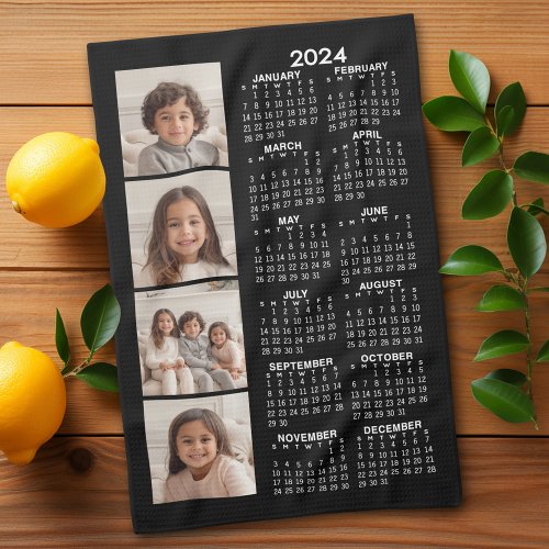 2024 Calendar with 4 Photo Collage _ black Kitchen Towel