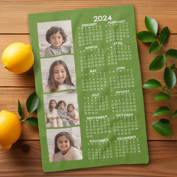 2024 Calendar With 4 Photo Collage - Green Kitchen Towel by BusinessStationery at Zazzle