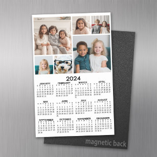 2024 Calendar with 6 Photo Collage - Black White Magnetic Dry Erase Sheet