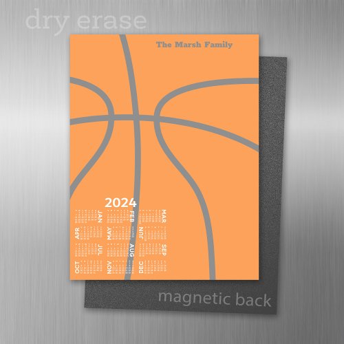 2024 Calendar with a basketball _ bubble months Magnetic Dry Erase Sheet