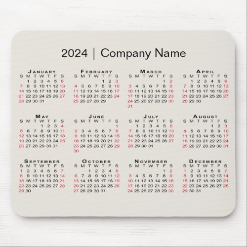 2024 Calendar with Company Name on Beige Mouse Pad