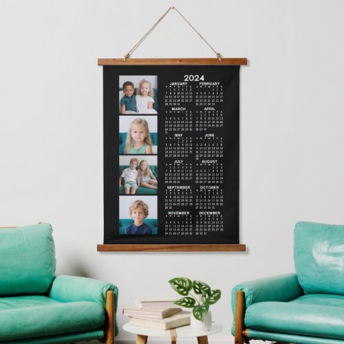 2024 Calendar with Custom 4 Photo Collage _ Black Hanging Tapestry