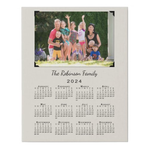 2024 Calendar with Custom Photo and Name on Beige Faux Canvas Print