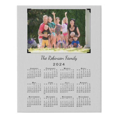 2024 Calendar with Custom Photo and Name on Gray Faux Canvas Print