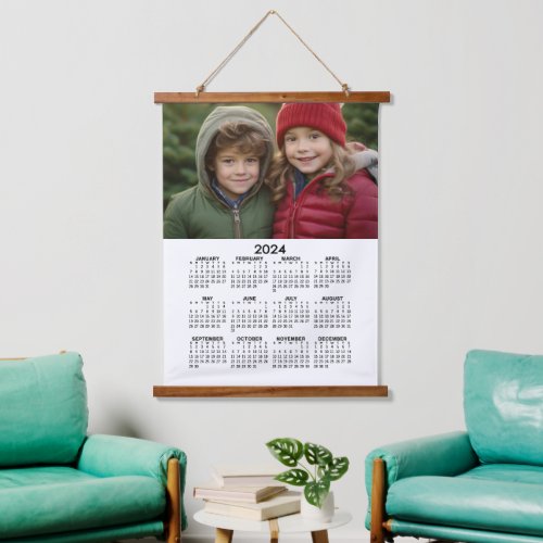 2024 Calendar with Custom Photo Basic Black White Hanging Tapestry