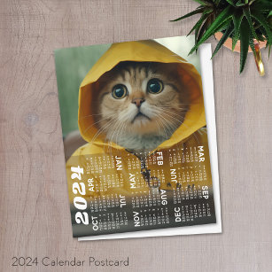 2024 Calendar with cute cat dressed in yellow Postcard
