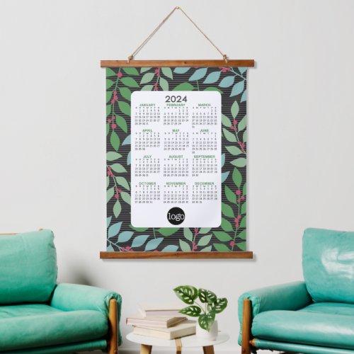 2024 Calendar with Logo _ Botanical Blue Green Hanging Tapestry