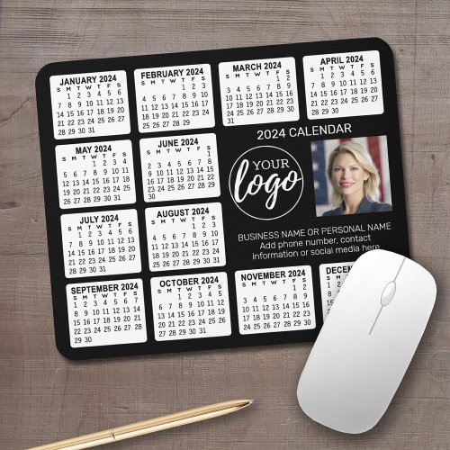 2024 Calendar with logo Photo and Text _ Black Mouse Pad