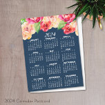 2024 Calendar with Painted Watercolor Flowers navy Postcard<br><div class="desc">New Year - New You -- A zen and whimsical,  hipster piece of art. This feminine design with natural floral arrangement and and full year calendar with be a positive start to the best year ever.</div>