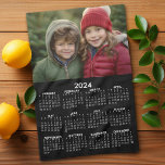 2024 Calendar with Photo - Basic Black White Kitchen Towel<br><div class="desc">A very useful item for the kitchen. A 2024 calendar with a place for a family photo at the top. This shows a full year view of all dates.</div>