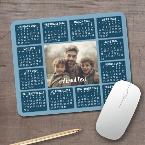 2024 Calendar with Photo in the Center Blue Mouse Pad