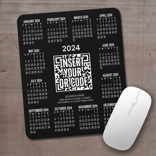 2024 Calendar with QR Code Contact Info Black Mouse Pad
