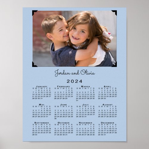 2024 Calendar with Your Photo and Name Light Blue Poster