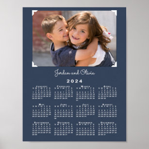2024 Calendar with Your Photo and Name Navy Blue Poster